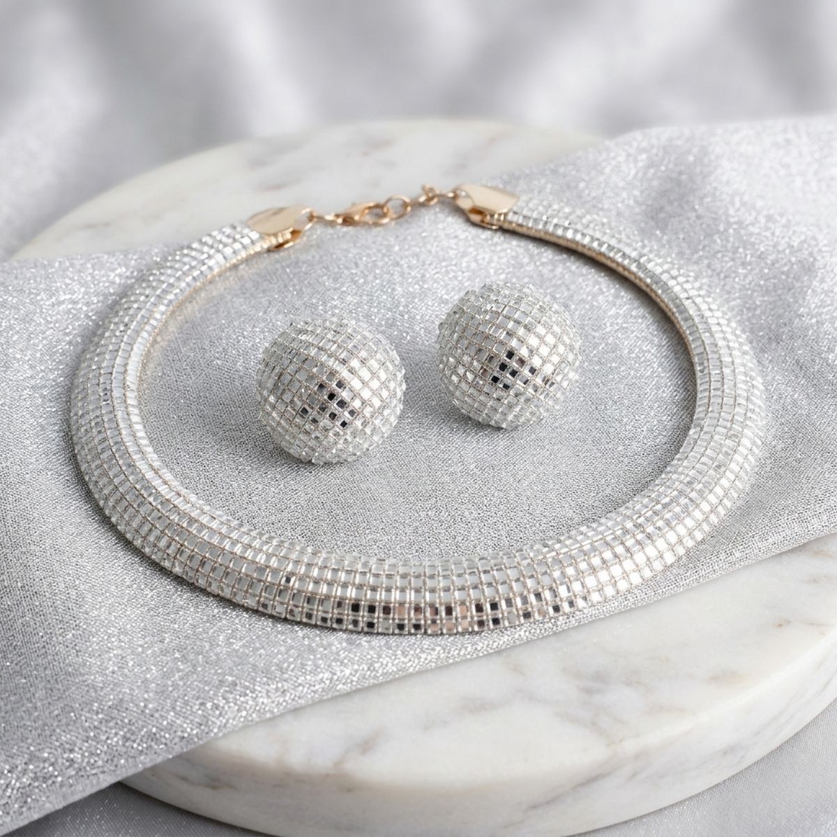 Gold Clear Stone 6 Row Disco Ball Collar Necklace Set