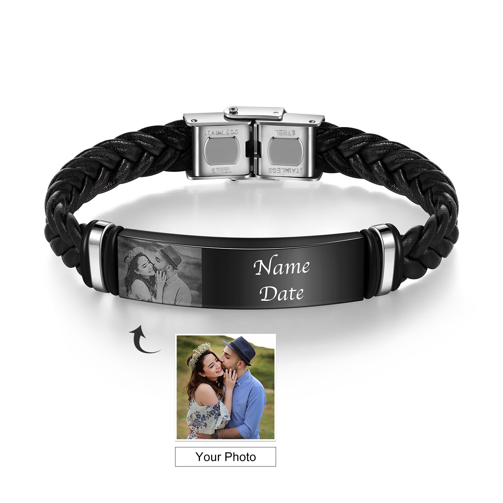 Custom Engraved Photo Bracelet – Engrave Name/Date Choice: Black, Brown or Gray