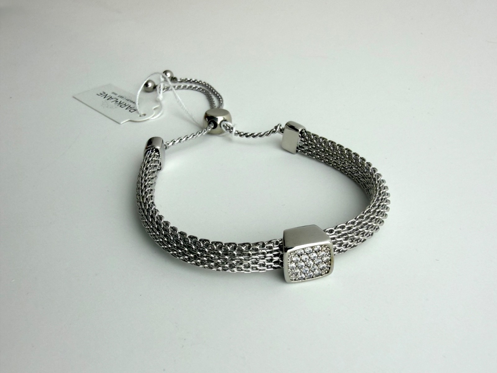 Park Lane Plush Bracelet Silver Tone Mesh Slider CZ Pavé Cube Rare Retired NWT