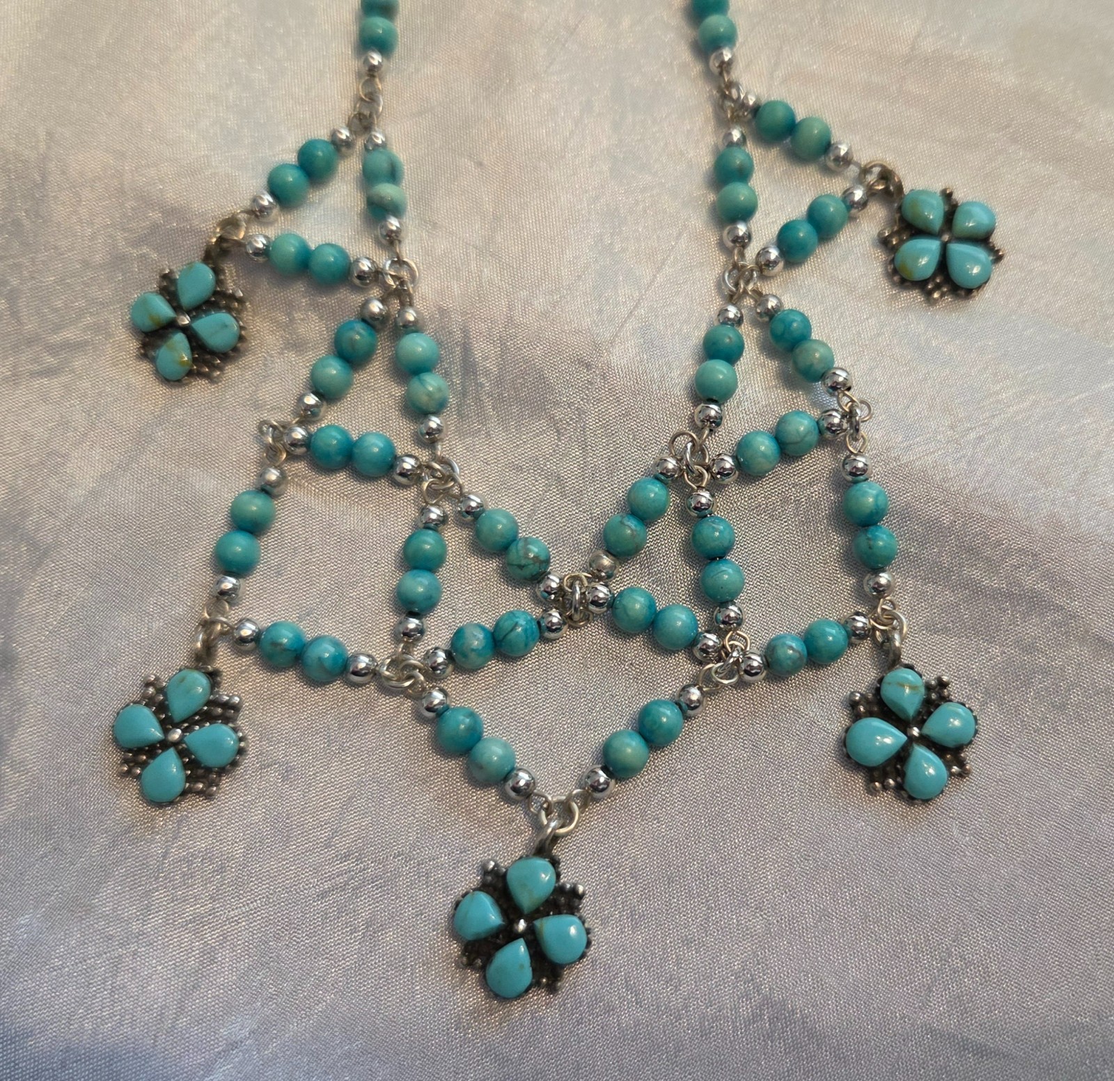 Stunning Sterling Silver and Turquoise Beaded and Charm Statement Necklace