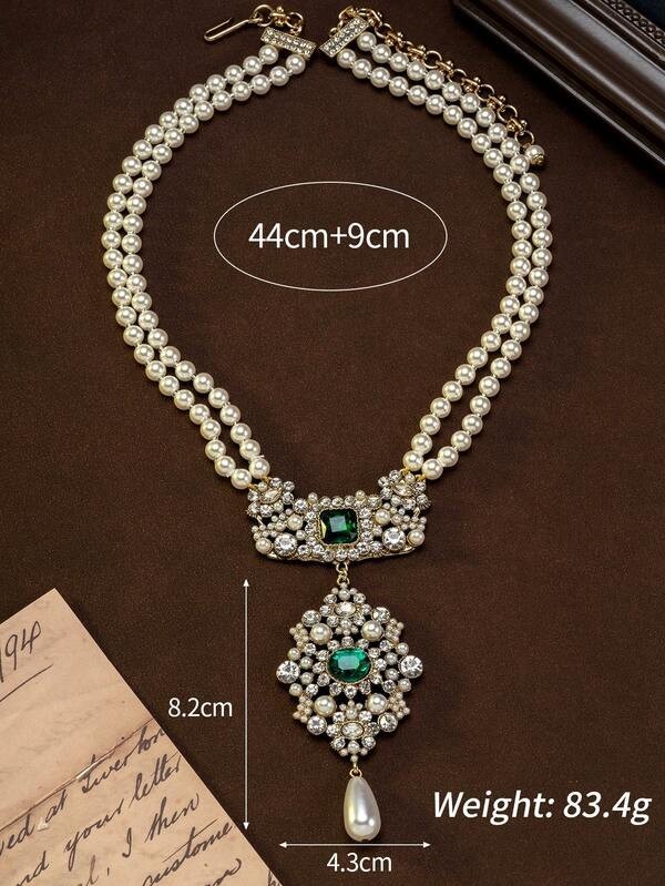 Emerald Green Crystal Pearl Necklace Earrings Set Vintage Bridal Gold Statement