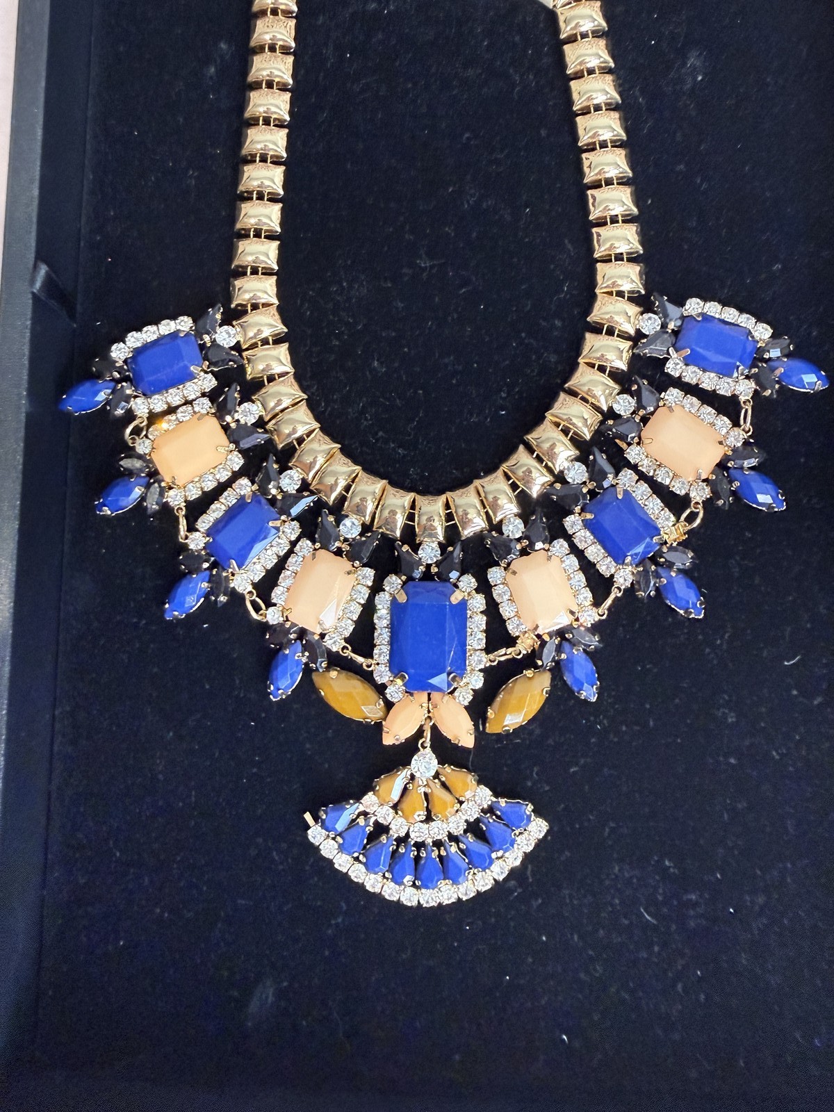 Gold Tone Statement Bib Necklace Blue Peach Amber Rhinestone Collar Fan Drop