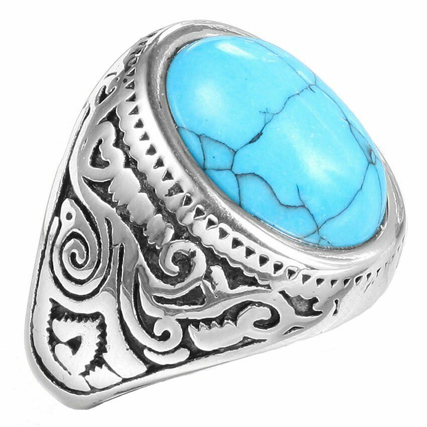 MENDEL Mens Oval Turquoise Stone Ring Men Stainless Steel Size 7 8-15