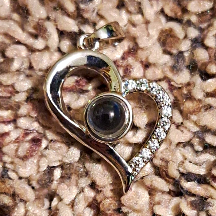 Silver Tone Heart Charm Pendant, Black Round Stone, Clear Crystal Pavé
