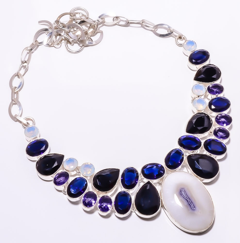 Solar Quartz Drusy & Sapphire Simulated 925 Silver Plated Necklace 16-18″M1496