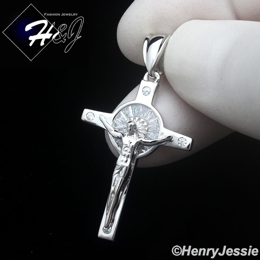 MEN WOMEN SOLID 925 STERLING SILVER CZ JESUS CHRIST CROSS CRUCIFIX PENDANT*SP480