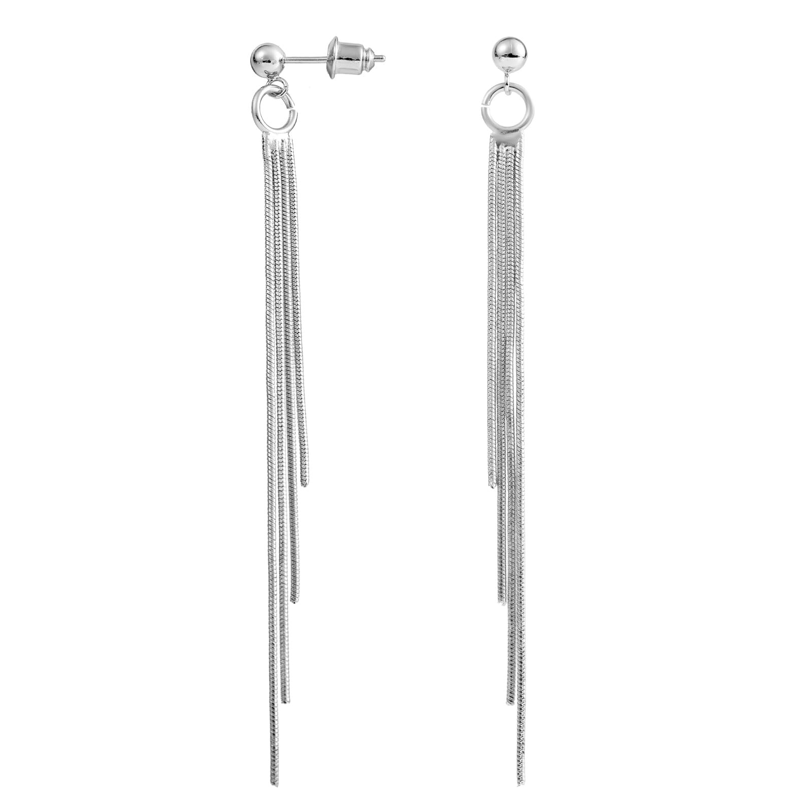 Long Tassel Drop Chain Earrings, Elegant Threader Medium, Silver