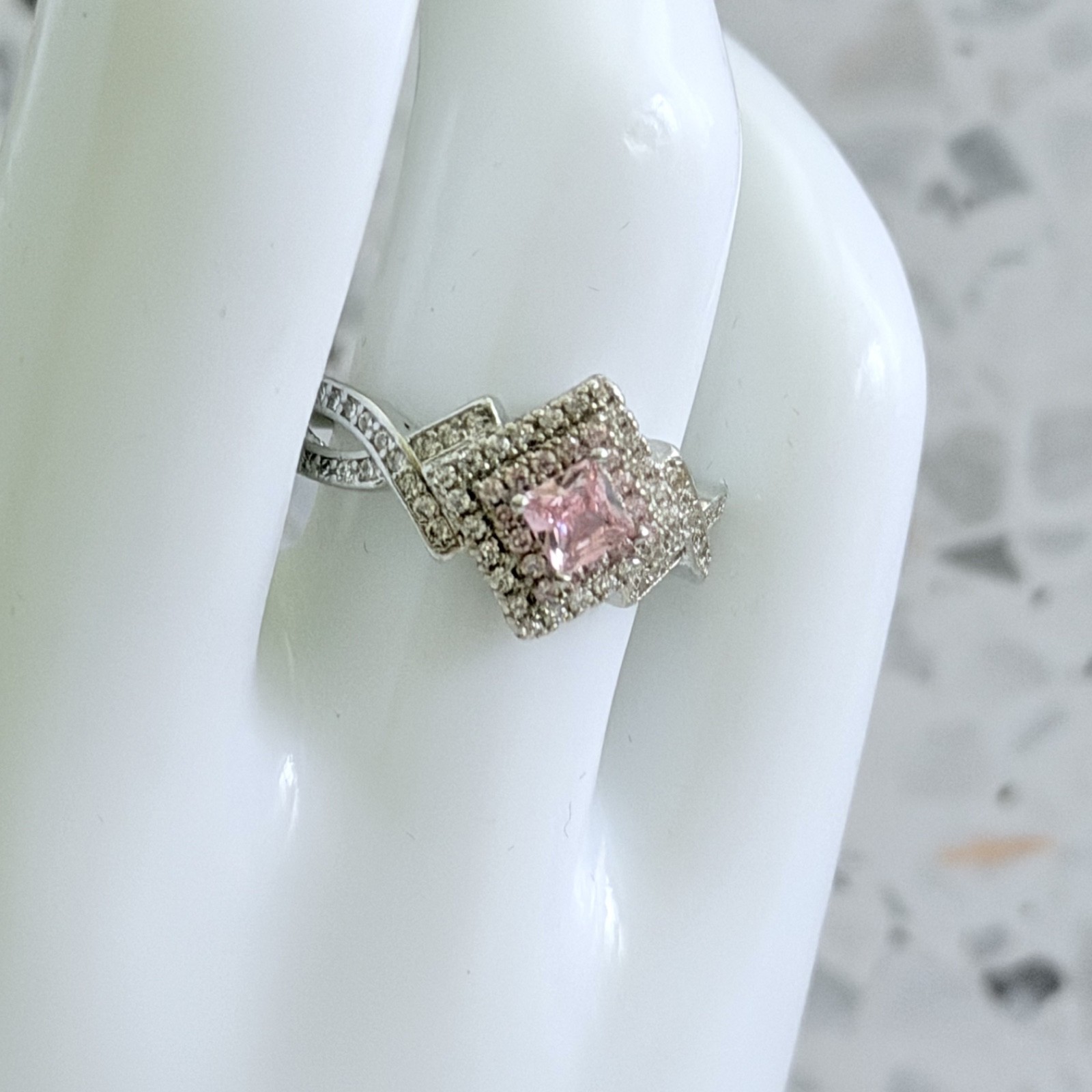 14k Gold & 925 Sterling White & Pink Simulated Sapphire Halo Women’s Ring