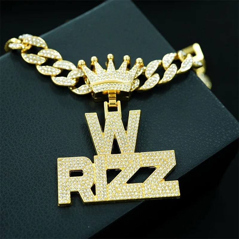 Iced W Rizz Crown Pendant Necklace CZ Bling Hip Hop Miami Cuban Link Chain Mens