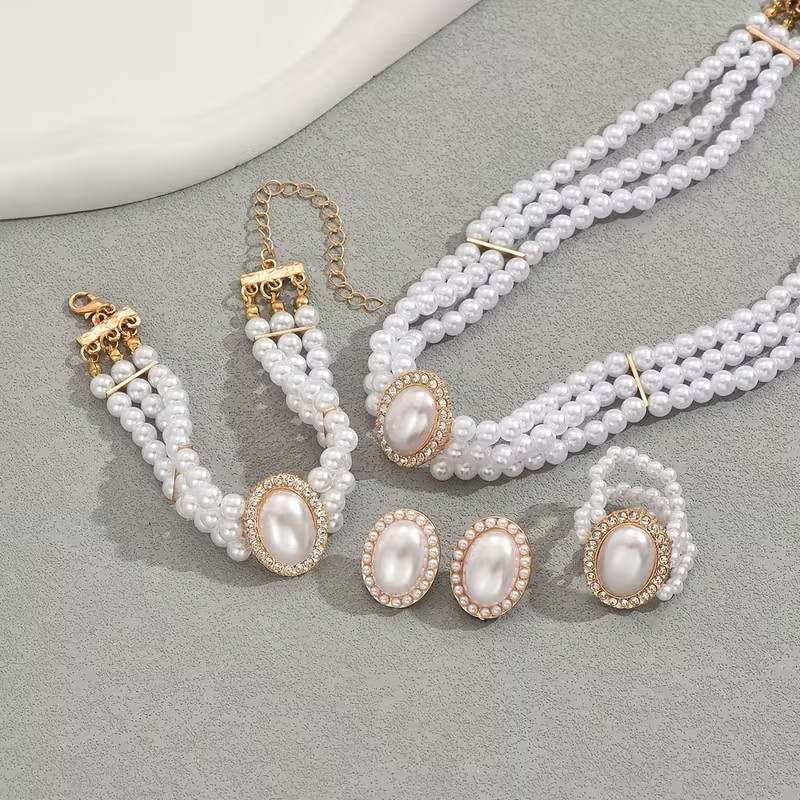 Pearl Jewellery Set Necklace Bracelet Ring Earrings Bridal Wedding Women Gift