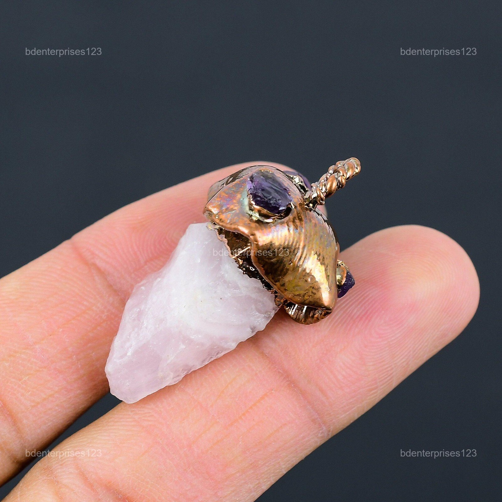 Pentagon Rose Quartz Rough Gemstone Sister Electroformed Pendant Jewelry Copper