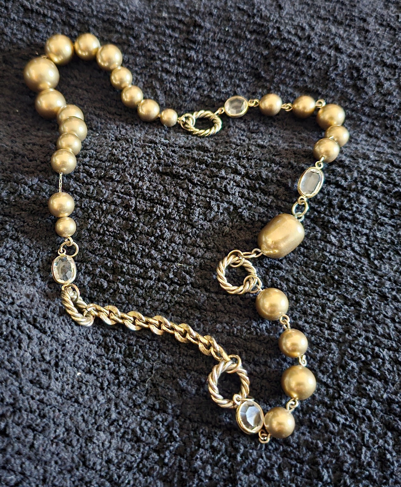Satin Gold Bead Crystal Statement Necklace Continuous Strand No Clasp Chunky 21″