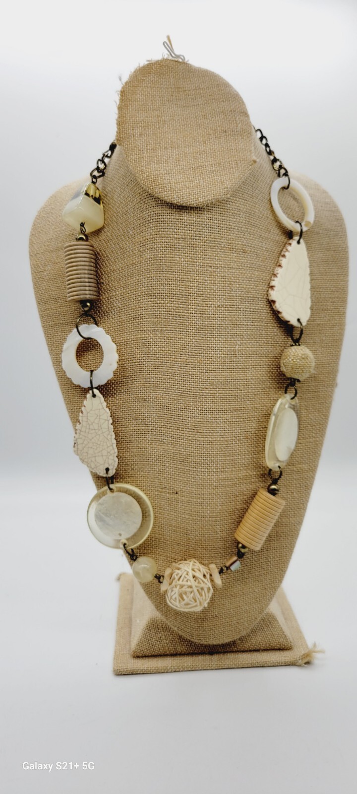 Chunky Necklace Wood Acrylic Metal Marbled Ivory Colors Asymmetrical 32 in