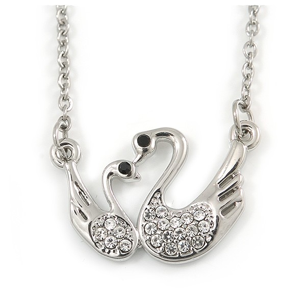 Delicate Crystal Double Swan Pendant With Silver Tone Chain – 42cm L/ 5cm Ext