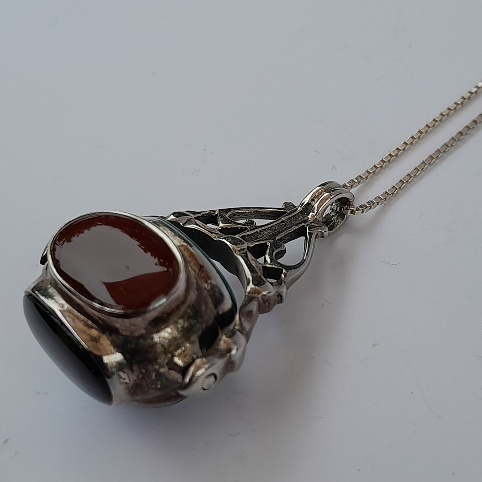 Vtg Sterling Silver Four-Sided Spinner Fob Pendant Necklace Red Black Stone 925