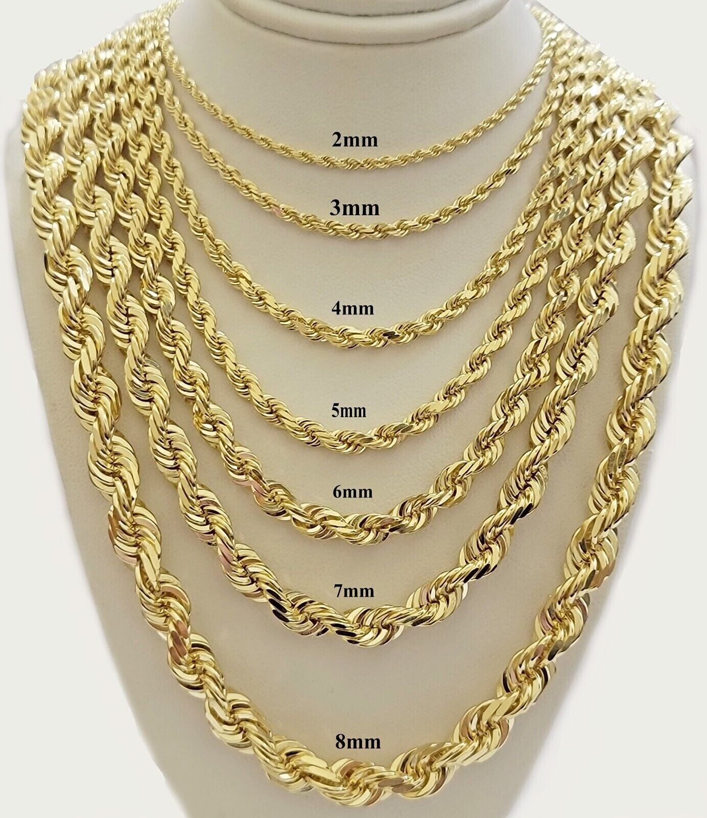 Real 14k Yellow Gold Rope Chain Necklace 2mm-10mm 18″-30″ 14KT SOLID Men Women