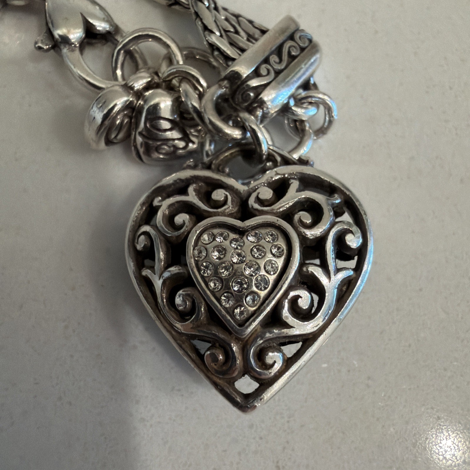 Brighton Reno Heart Silver Crystal Charm Bracelet