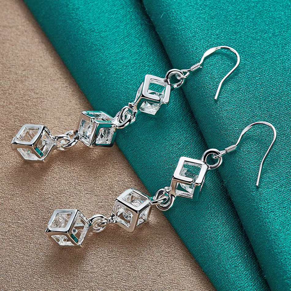 925 Sterling Silver Square Cubic Zircon Drop Earrings L: 2.4in W: 7mm Dangle