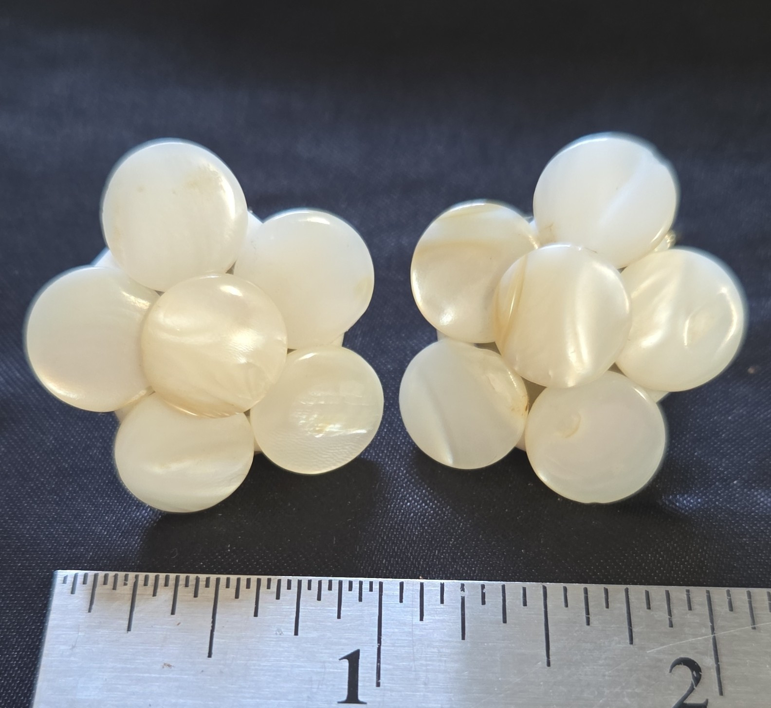 Mother of Pearl White Flower Cluster Clip-On Earrings 1.25 in Diameter