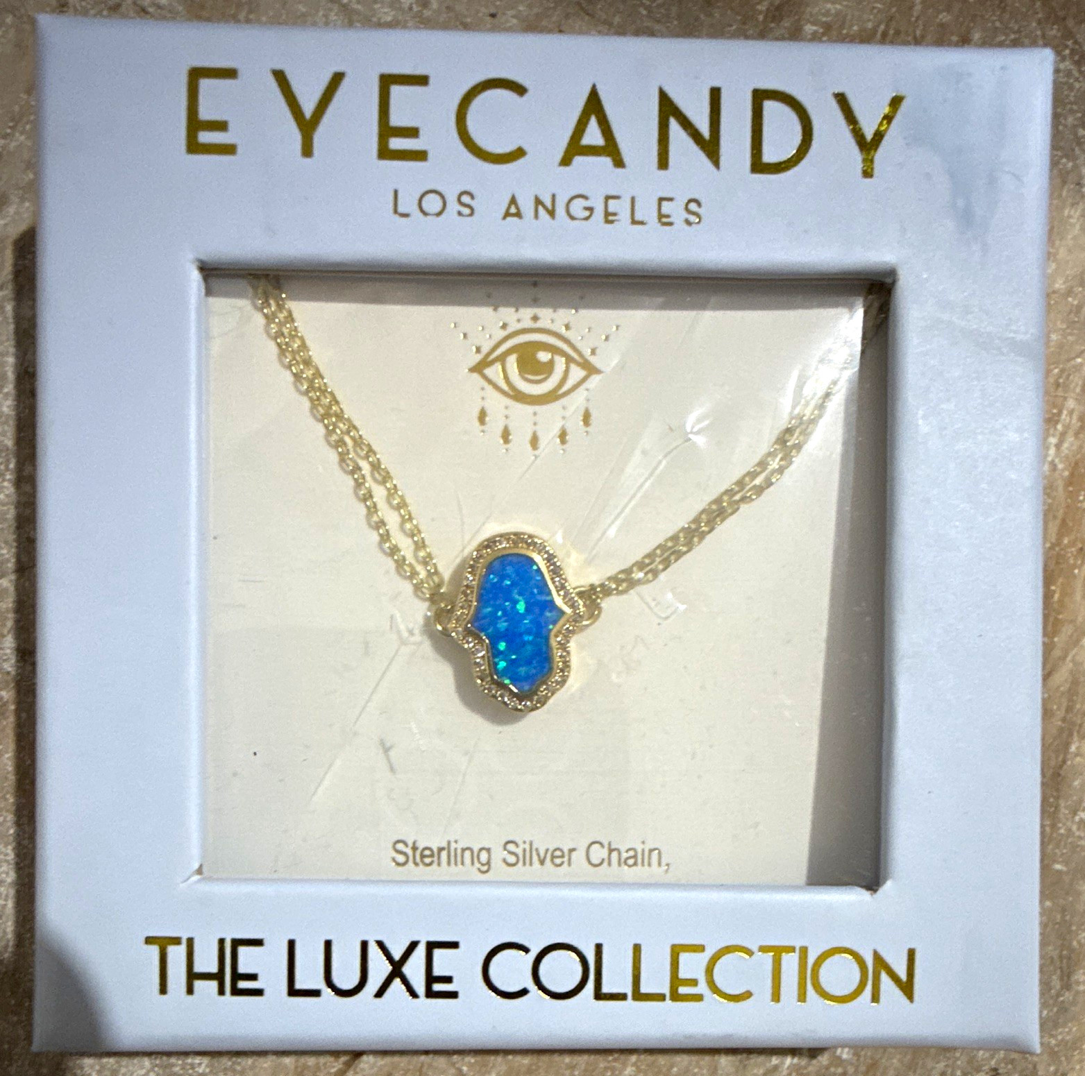Eye Candy Los Angeles Luxe Hamsa Hand Charm Necklace Blue CZ Pavé 925 Chain