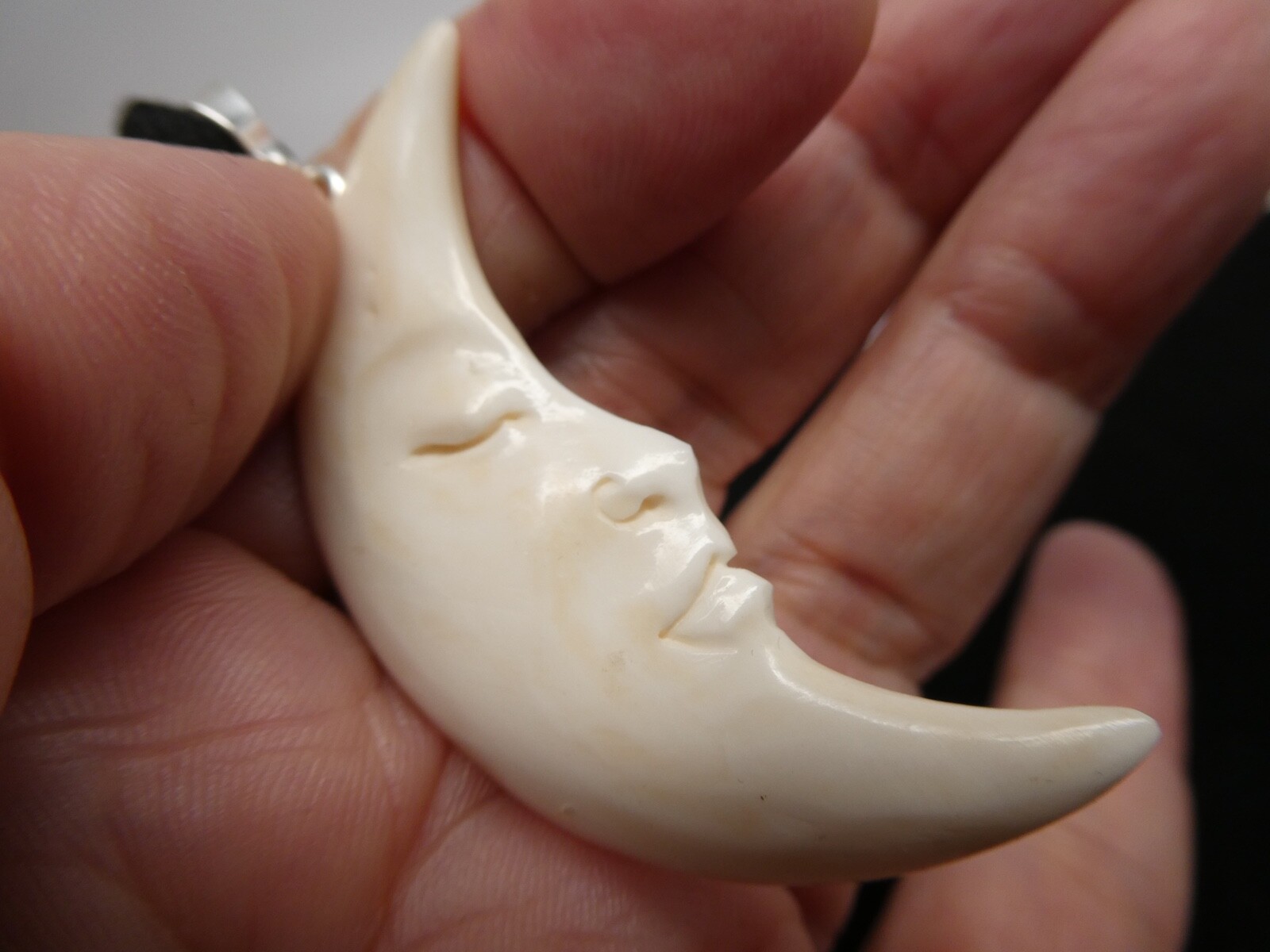 Crescent Half MOON Double Sided Face Carved Water Buffalo Bone Pendant Necklace
