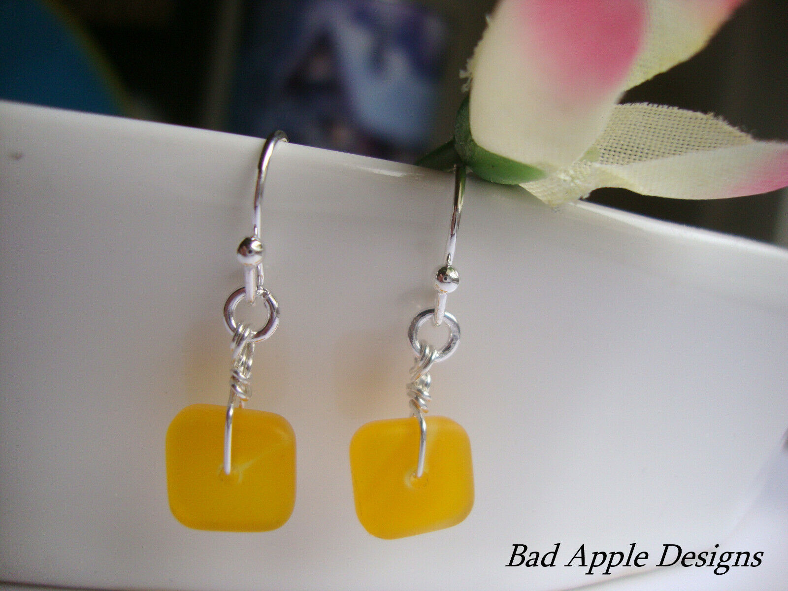 Flat, Forward-Facing, Dainty Frosted Sea GlassSilver Dangle Earrings, Minimalist