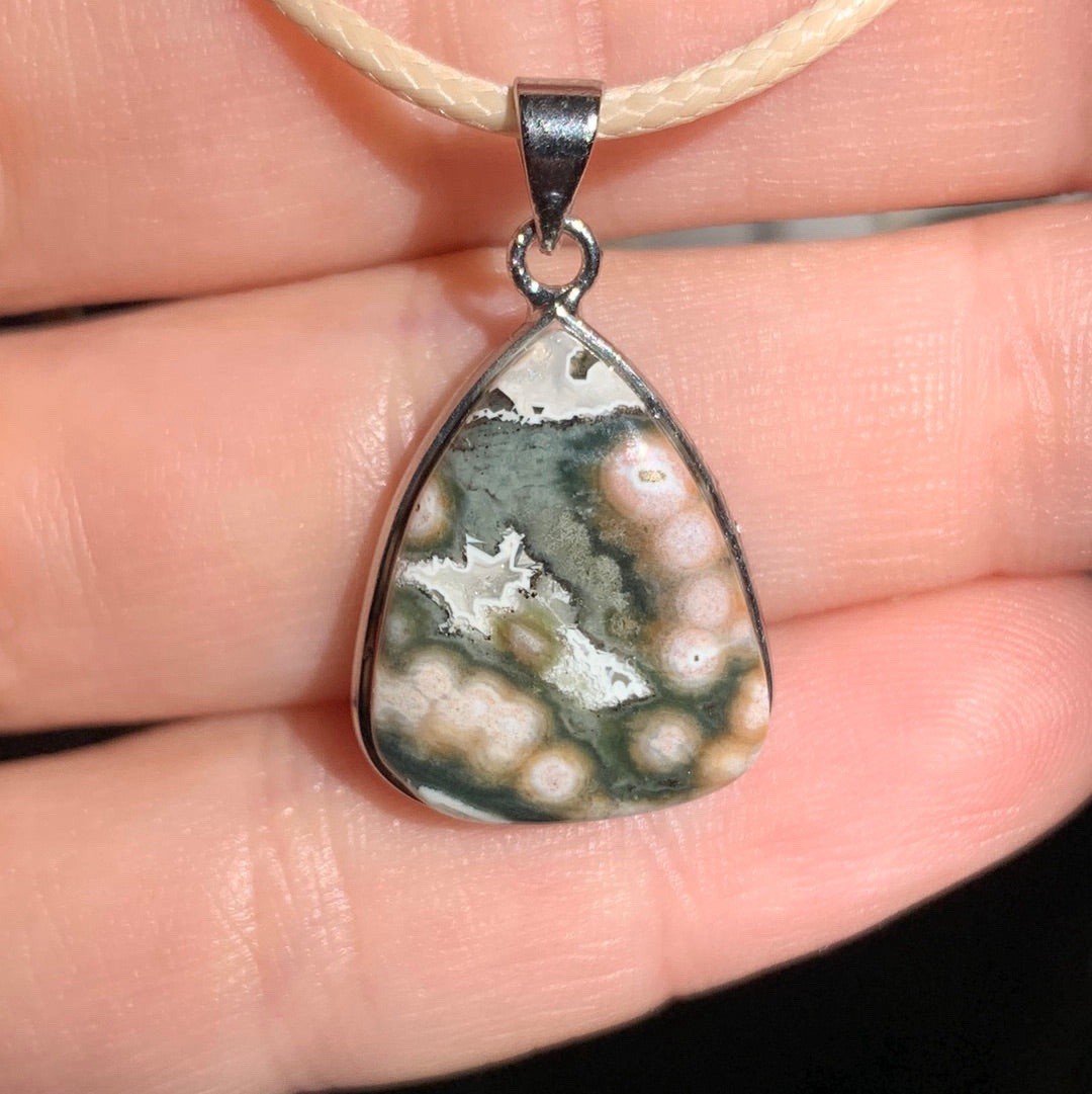Ocean Jasper Pendant 19mm*15.6mm Corded necklace- Green, Peach & White With Orbs