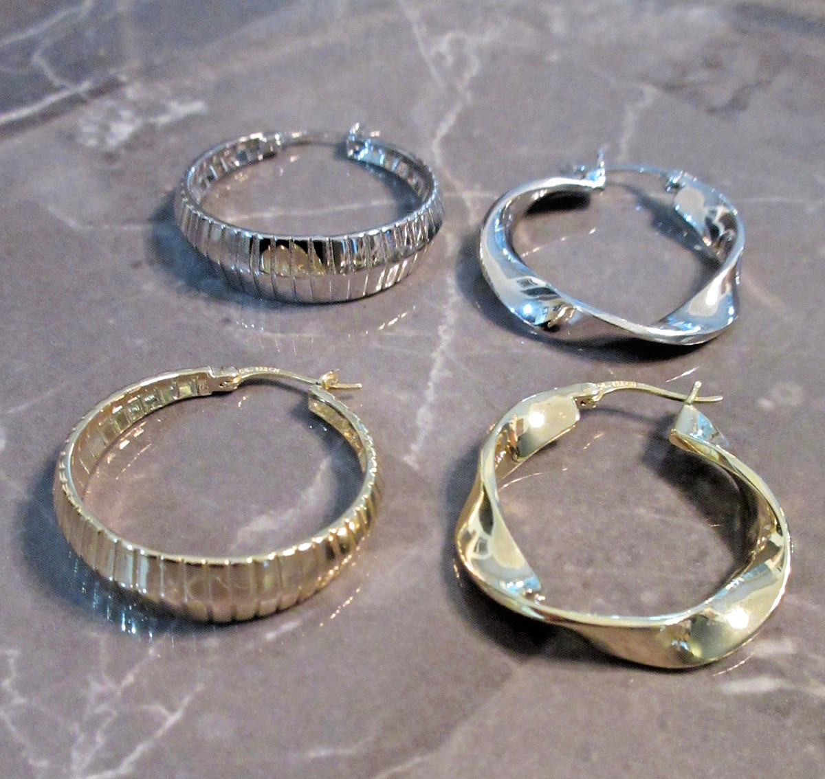 2 pr Bellezza DBJ 925 CN 1-1/4” Twist & Ridge Hoop Earrings Sterling & Yellow