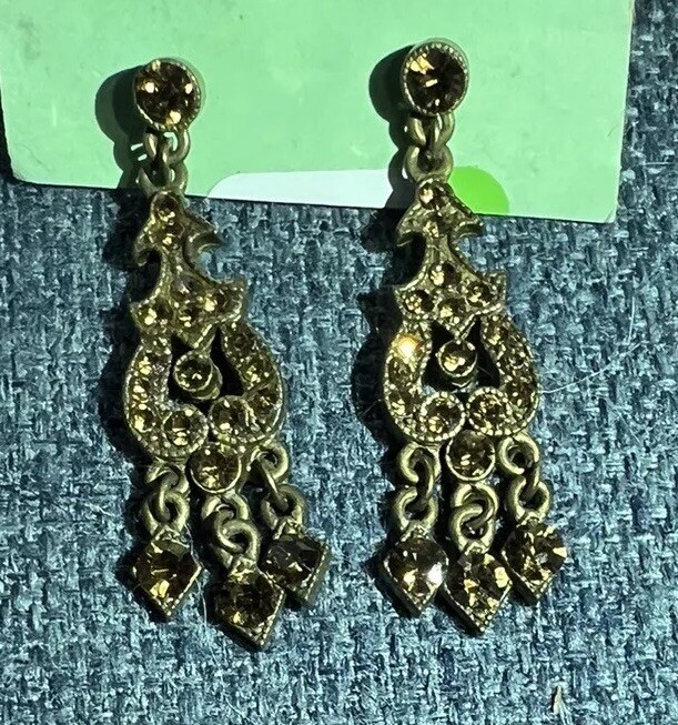 BRONZETONE DANGLING PIERCED EARRINGS WITH BROWN CRYSTALS BOHO HOLIDAY OFFICE OAR