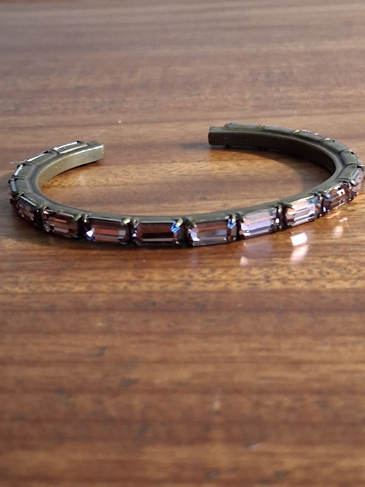 Sorrelli Pink Baguette Crystal Gold Tone Bangle Bracelet Signed 7 in No Clasp