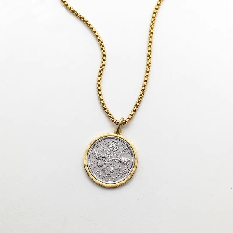 UK 6p Lucky Coin Pendant , Vintage Coin Glod Necklace 20″
