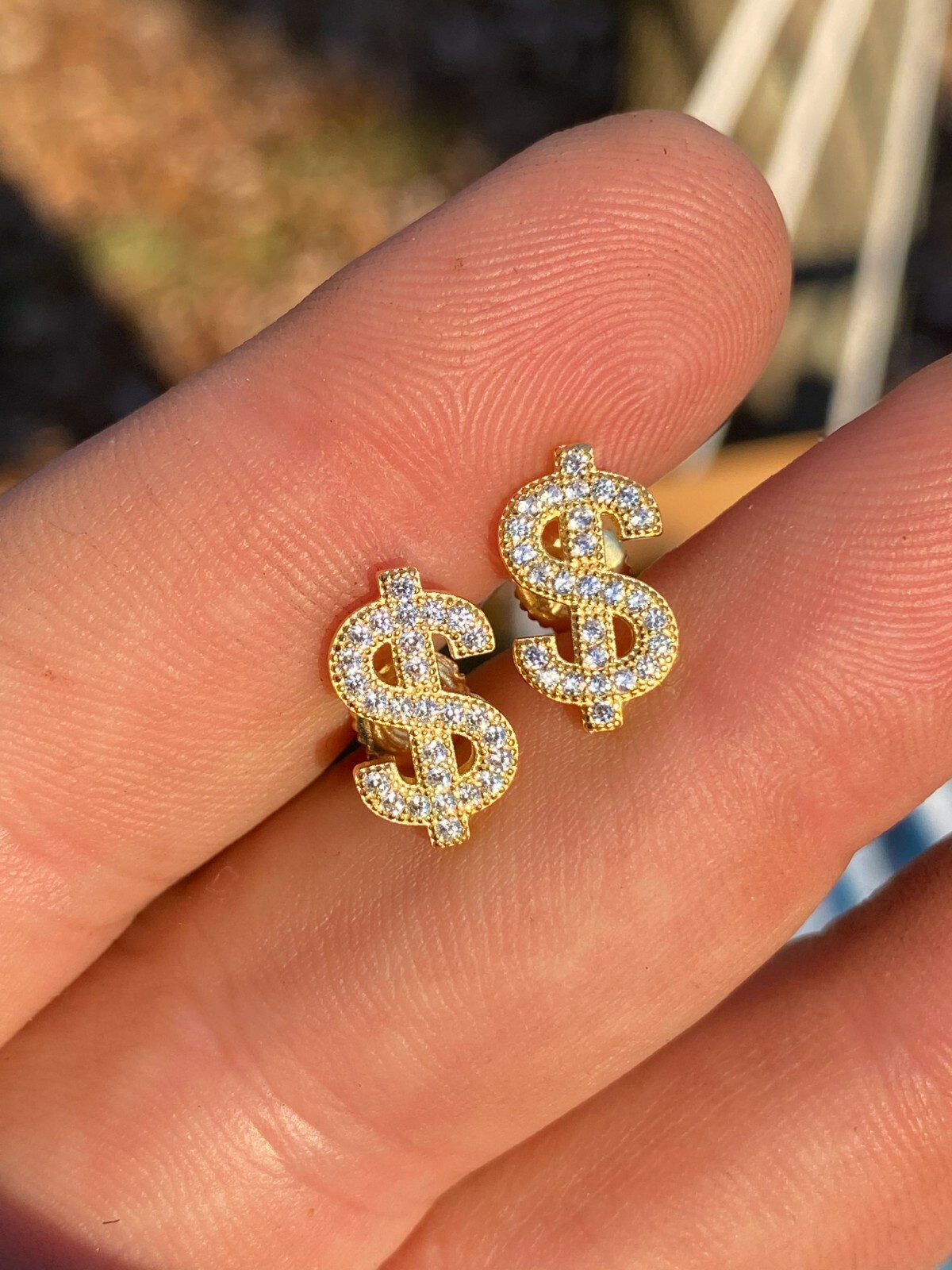 Real 925 Sterling Silver 14k Gold Men Ladies Dollar Sign $ Earrings Studs Iced