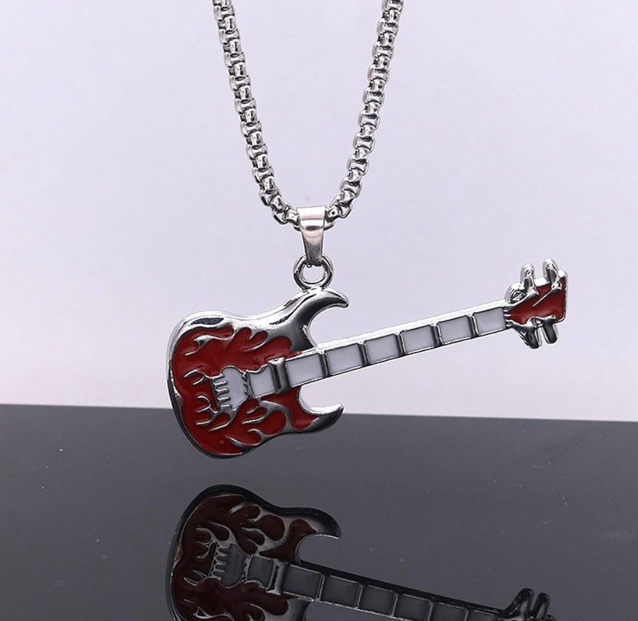 Fashion Vintage Hip Hop Punk Titanium Stainless Steel Guitar Music Necklace-Red
