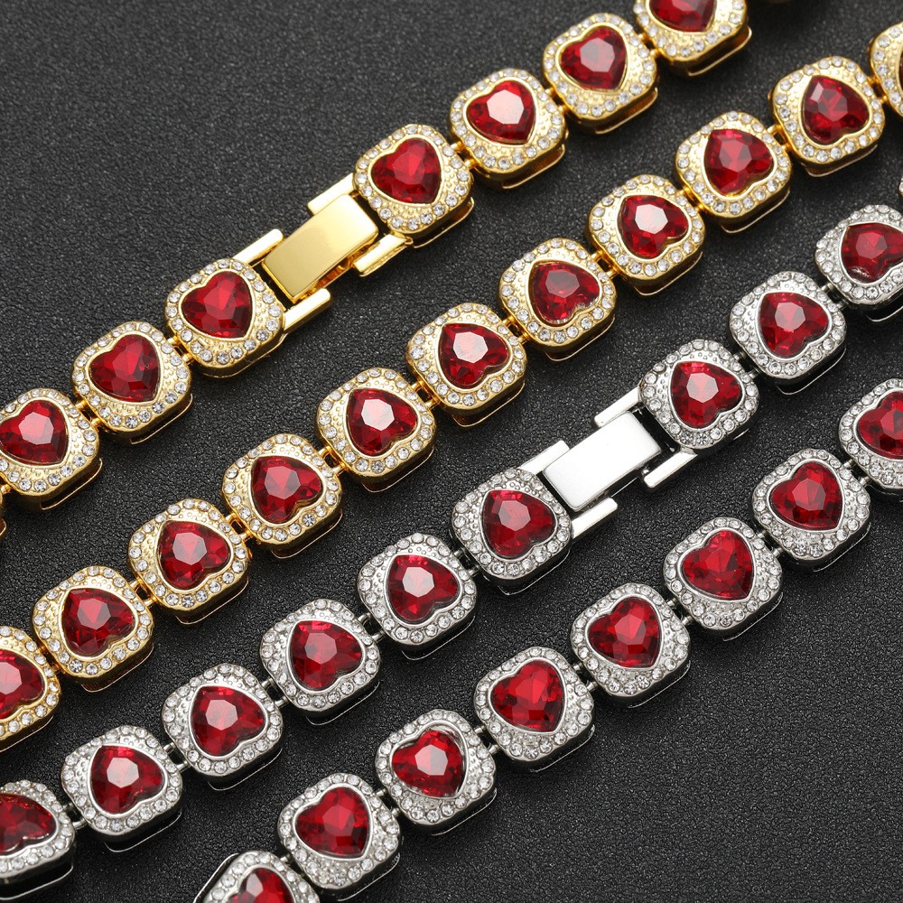 Red Heart Halo Tennis Chain Stainless Steel zirconia stone unisex Love Necklace