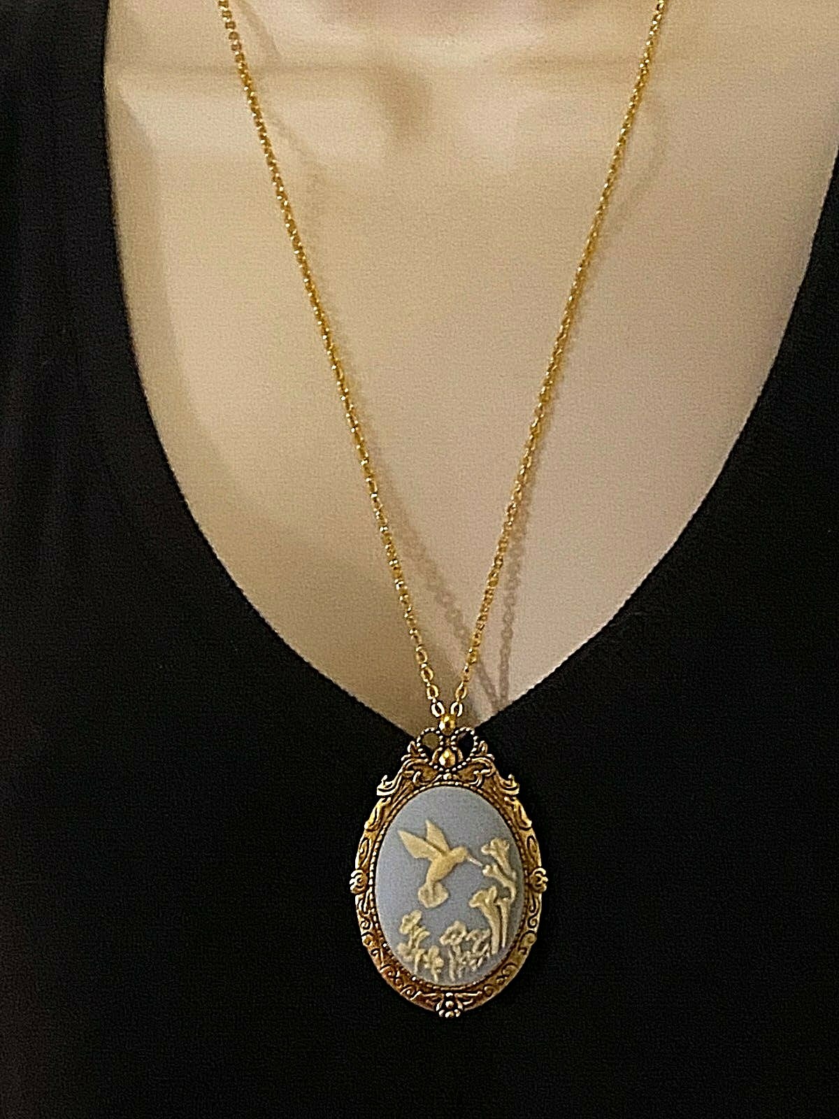 Hummingbird White Blue Cameo Gold Pendant Necklace Brooch Mom VALENTINES Gift