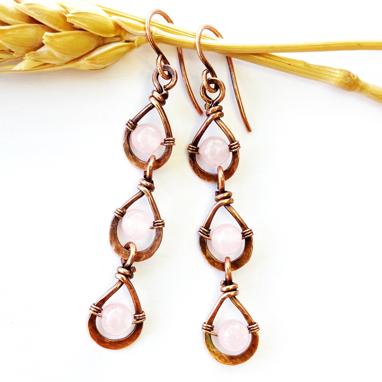 Wire Wrapped Teardrop Dangle Earrings Boho Pink Stones Rose Quartz Long Copper
