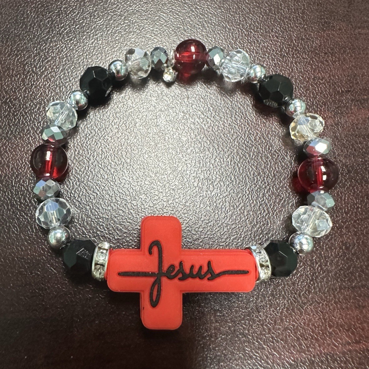 Red Black Clear Silver Beaded Stretch Bracelet w/ Jesus Cross Charm, Religious