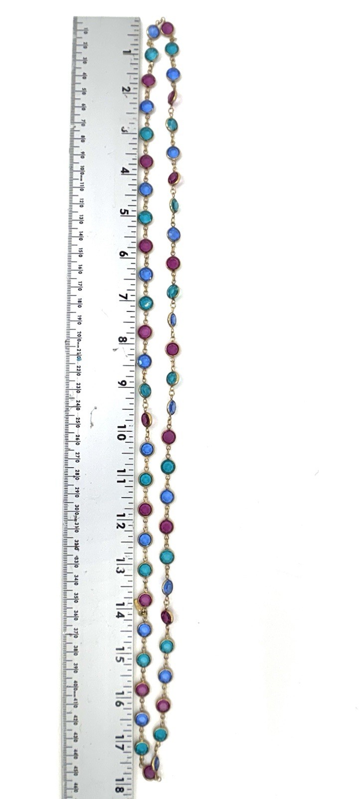 Swarovski Crystal Station Necklace Blue Pink Green Gold Tone 36″ Signed