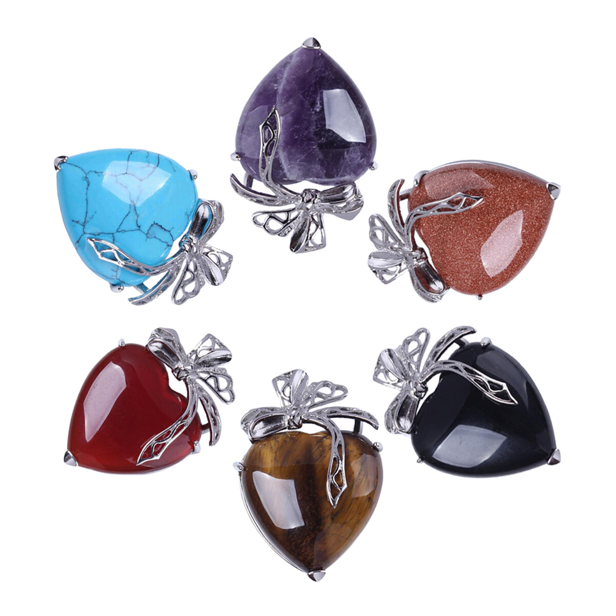 Natural Crystal Quartz Love Heart Bow Pendant Bead Chakra Stone Healing Amulet