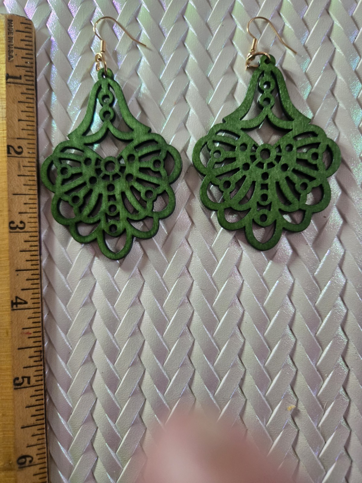 Womens Bohemian Green Wood Teardrop Filigree Laser Cut Dangle/Drop Hook Earrings