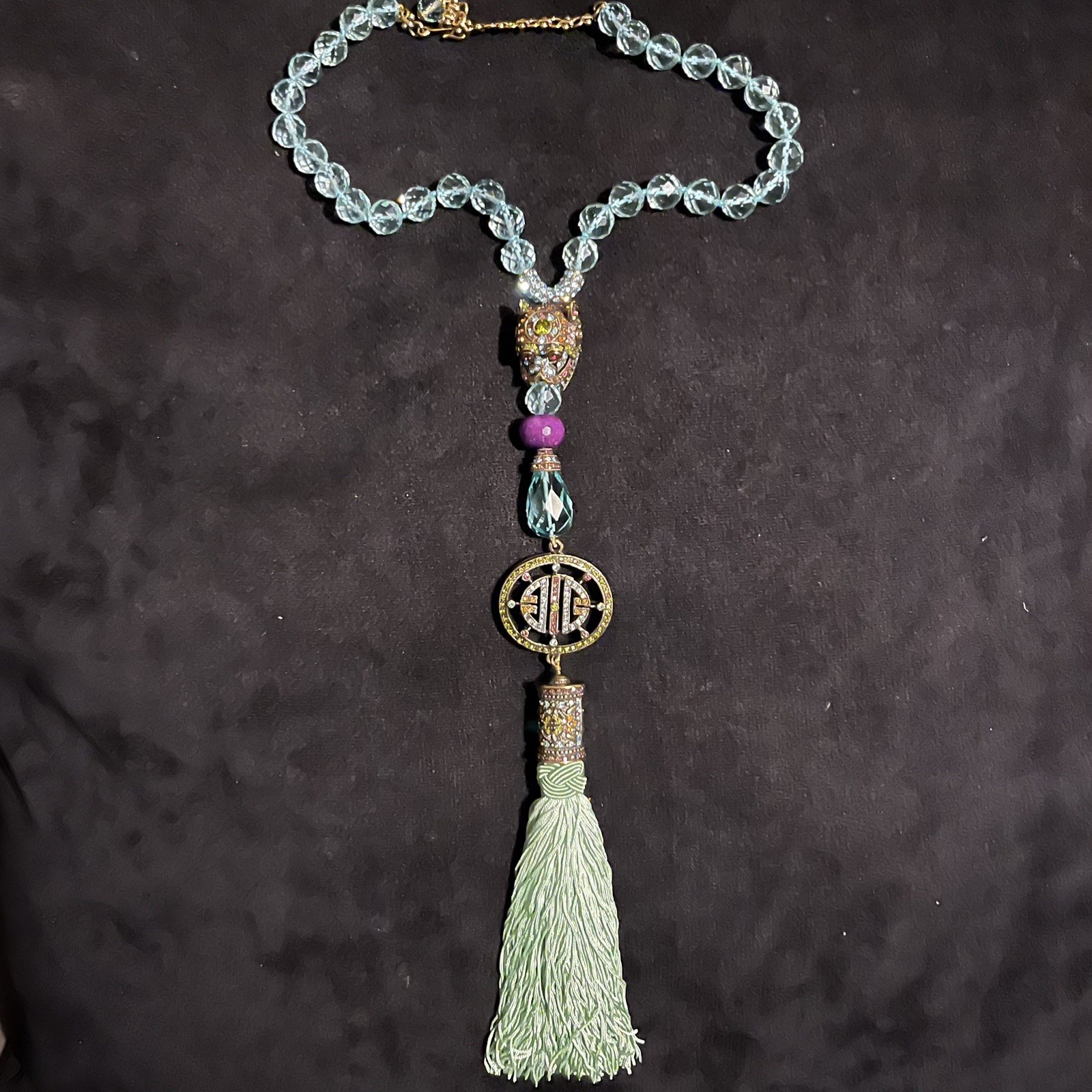 Vtg HEIDI DAUS Crystal Foo Dog /Guardian lion Tassel Necklace