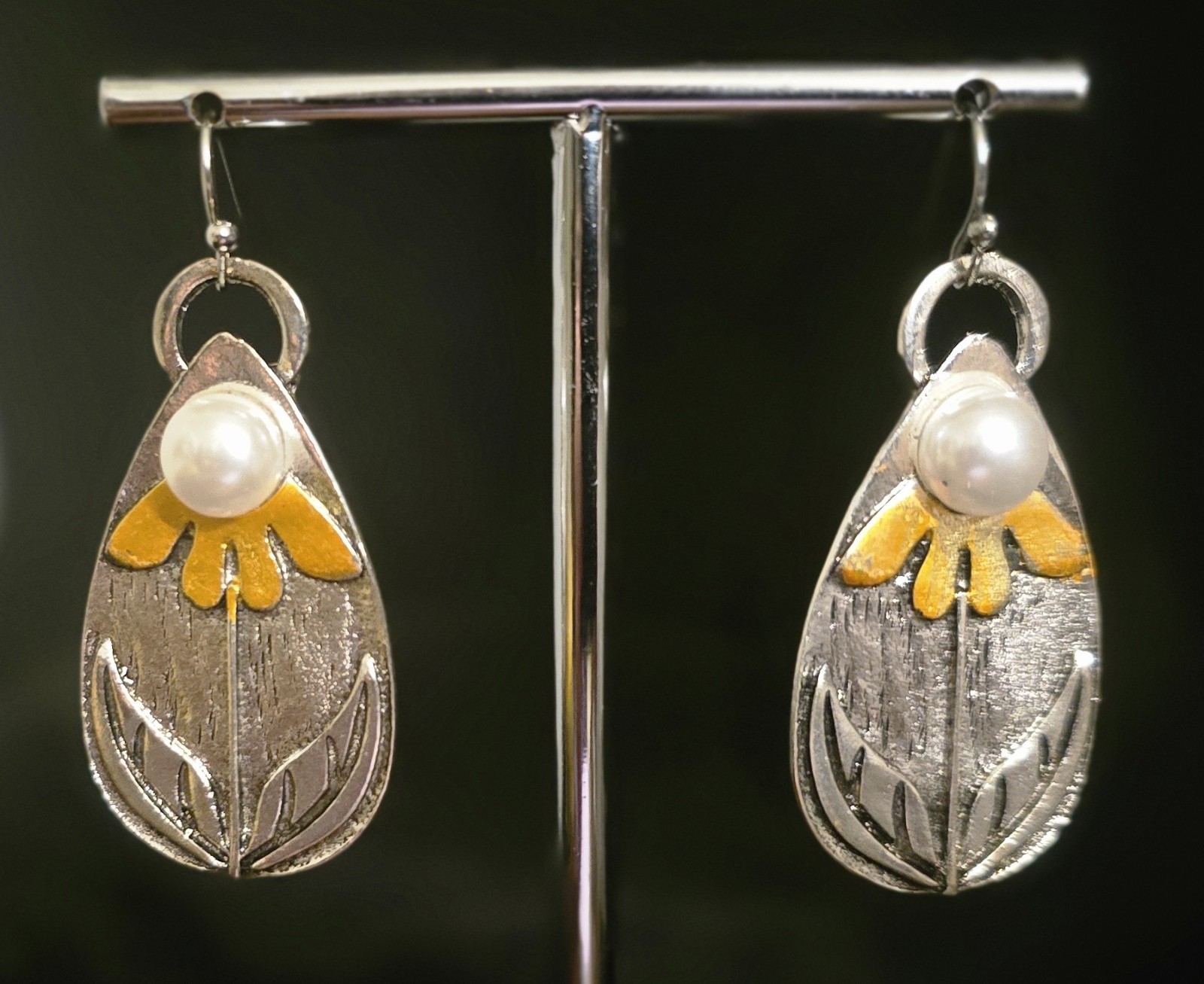Silver Dangle Earrings w/Faux Pearls; Flower Design (M26-108)