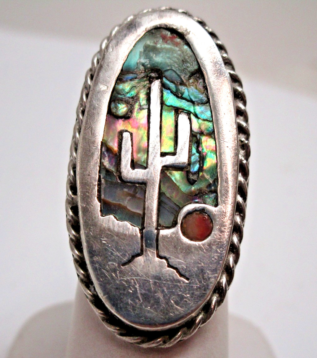 1970 Vintage Sterling Silver Hopi Zuni Inlaid Abalone Sunset Cactus Ring
