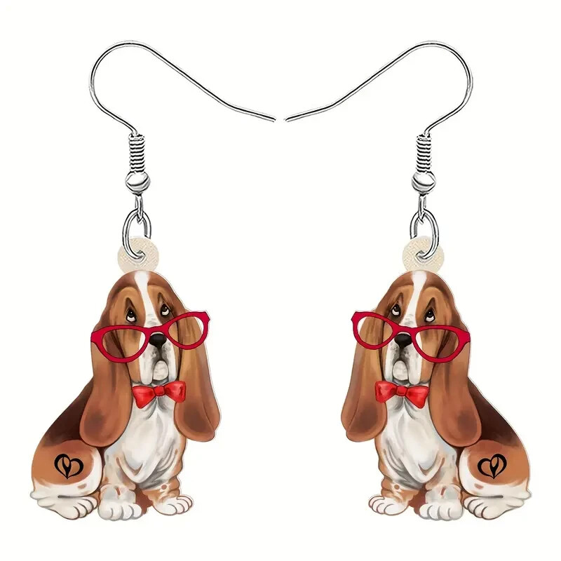 Basset Hound Puppy Dog With Glasses Dangle Acrylic Earrings Light Weight Dog