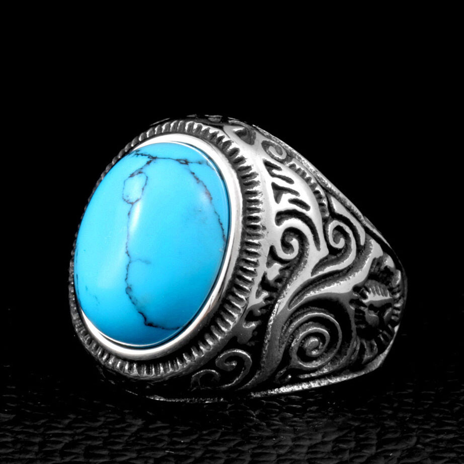 SMITH Men’s Stainless Steel Turquoise Ring For Men Size 7 8 9 10 11 12 13 14 15