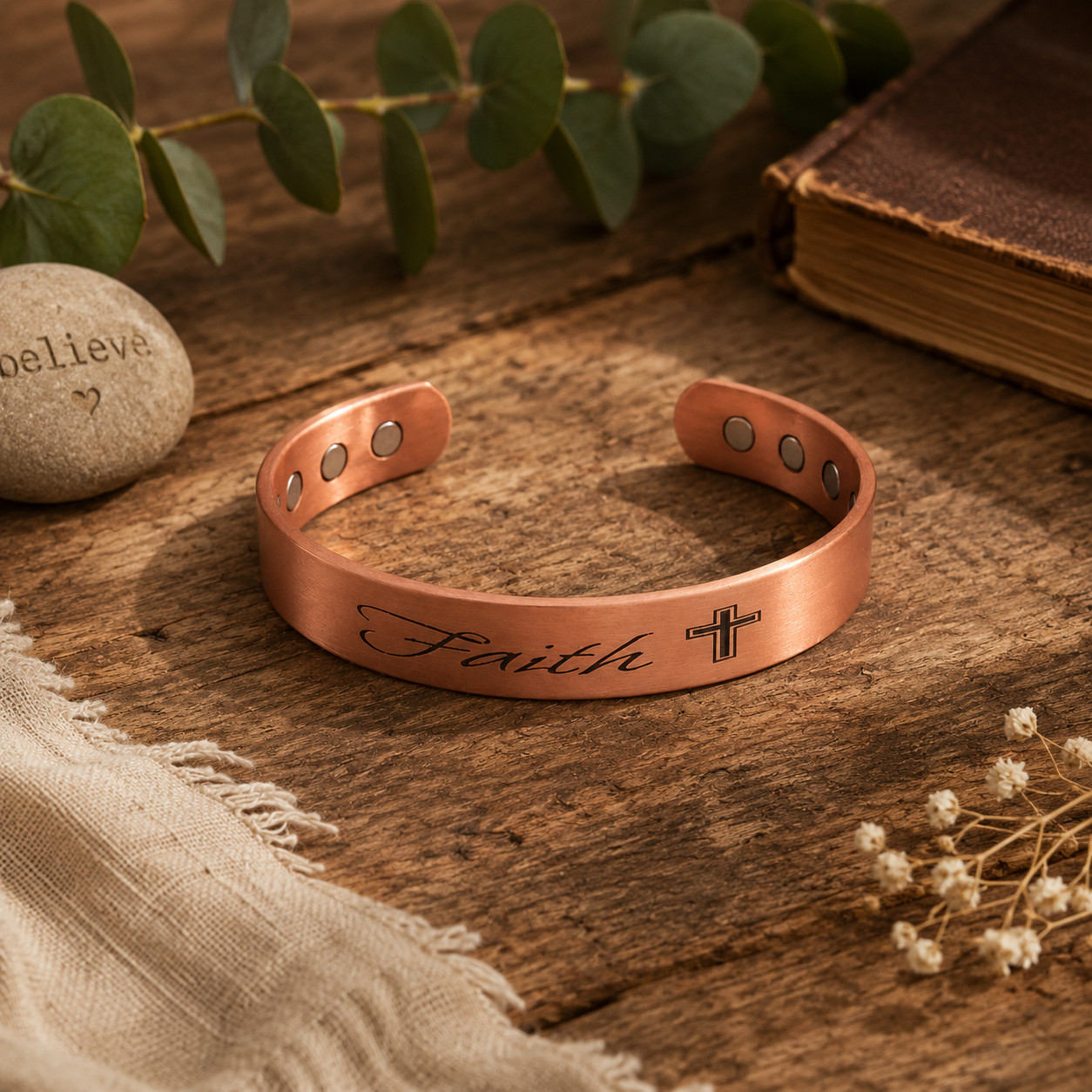 Pure Solid Copper Magnetic Bracelet Arthritis Pain Therapy 12mm Cuff Faith Cross