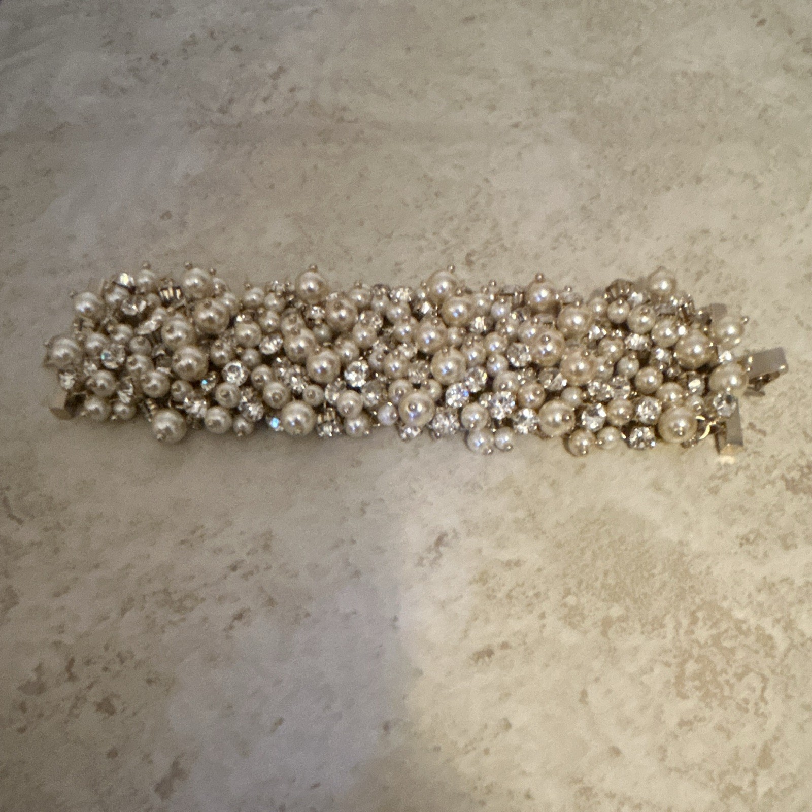 Gold Tone bracelet with faux Pearls & Clear Rhinestone Clusters