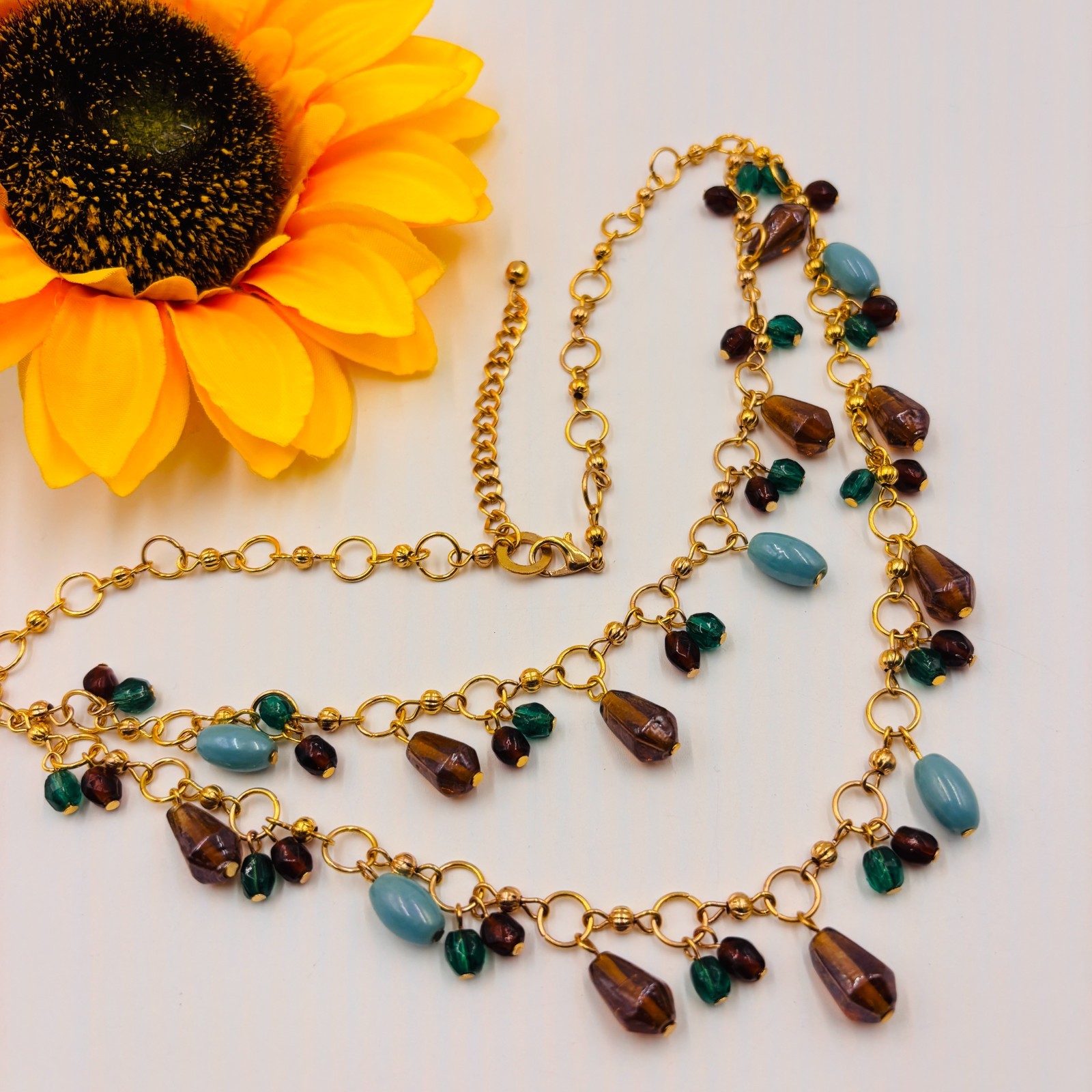 Gold Tone Multicolor Beaded Layered Necklace Boho Ethnic Statement Jewelry