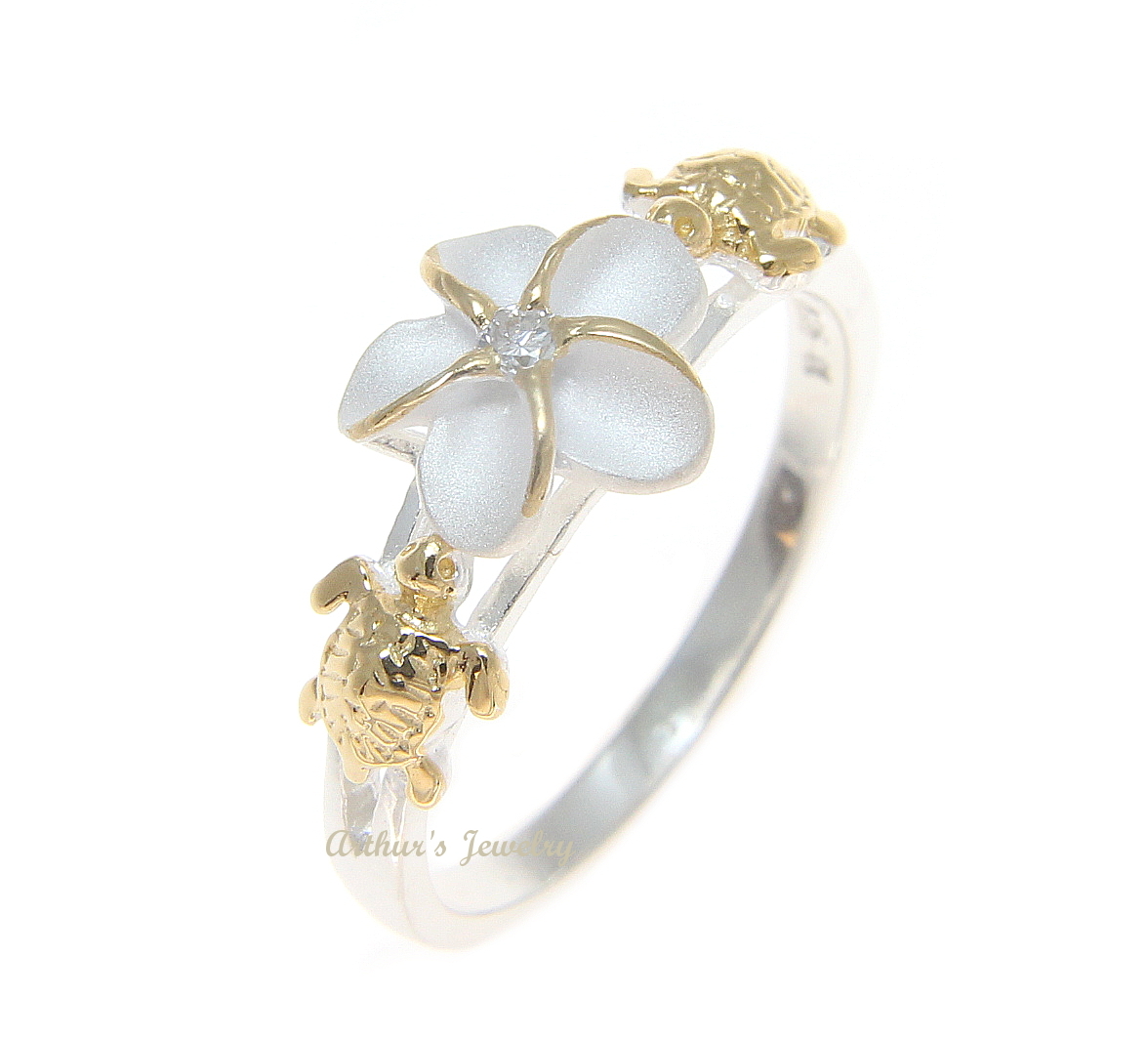 SILVER 925 HAWAIIAN PLUMERIA FLOWER TURTLE RING 2 TONE YELLOW SIZE 3 – 13