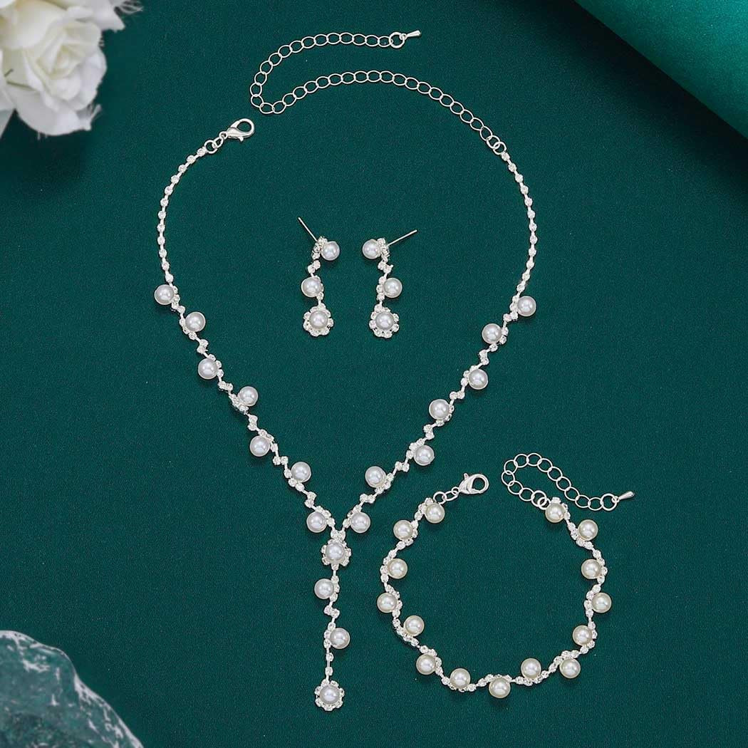 Silver Pearl Bridal Wedding Jewelry Set Rhinestone Necklace Earrings Bracelet Se